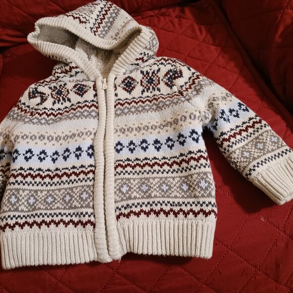 Fleece Lined Knit Hooded Sweater Size 9 Mo. - Picture 2 of 5